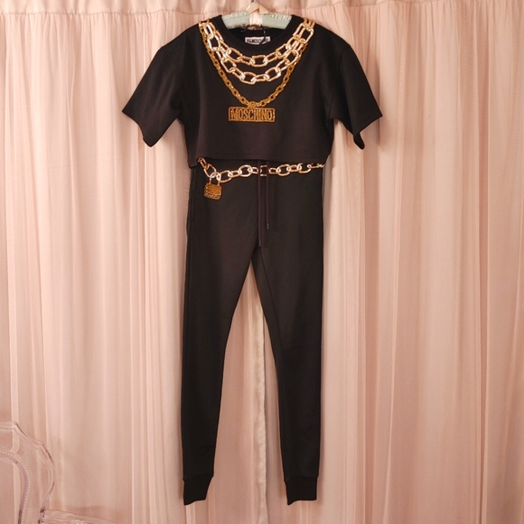 Moschino H&M Cropped track top & pants suit set with Appliques Gold Chain sz XS - Picture 4 of 14